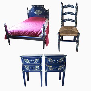 Blue Lacquer Bedroom Set, 1990s, Set of 4