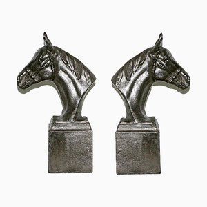 Vintage Art Deco Pferde Buchstützen aus Gusseisen, 2er Set