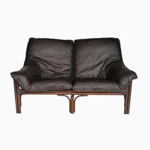 Mid-Century Brown Leather and Bamboo Sofa, 1970s