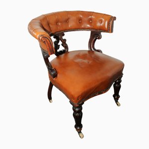 Tan Leather & Mahogany Button Back Library Chair on Porcelain Castors