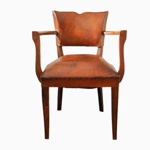Art Deco French Tan Leather Bridge Chair, 1920s