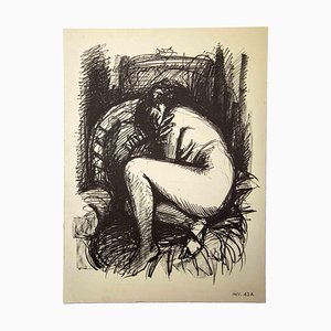 Leo Guida, Crouched Nude, Original Zeichnung, 1980er