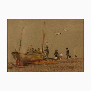 Gray Day at Eastbourne, pastel al óleo impresionista de un barco, años 50