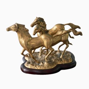 Vintage Brass Statue with Three Running Horses. France, 1970s
