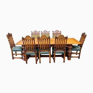 Oak Refectory Table with 8 Dining Chairs, 1960s, Set of 9