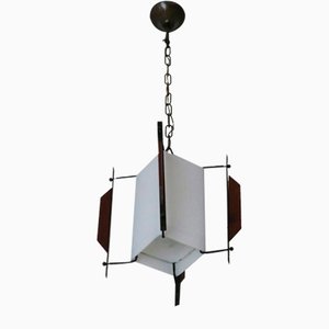 Ceiling Light in Black String Metal and Milk Glass with Teak Attachments and Brass Chain, 1950s