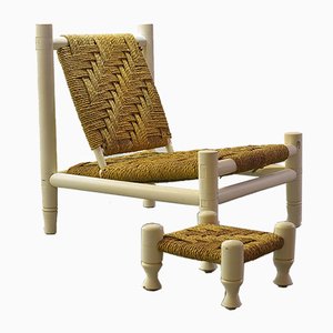 White Oak Low Seat Lounge Chair in Sisal Rope with Footstool in the Style of Charlotte Perriand, 1960s