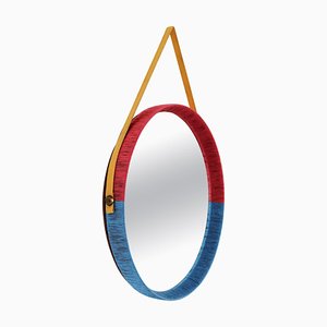 Italian Wall Mirror in Red and Blue with Yellow Ribbon, 1950s
