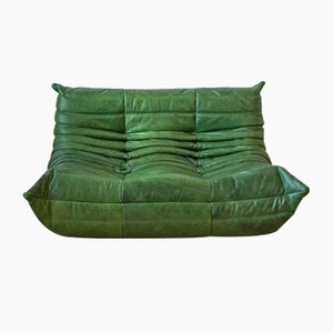 Vintage Green Leather 2-Seat Togo Sofa by Michel Ducaroy for Ligne Roset