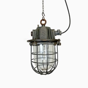 Lámpara colgante industrial enjaulada de hierro fundido gris, años 60