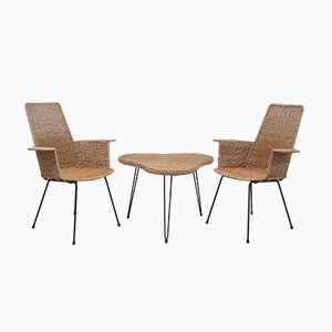 Rattan Armchairs with Table, Set of 3