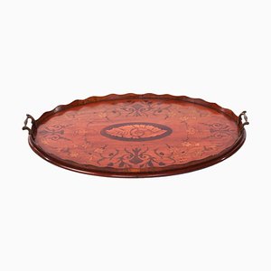 Vassoio ovale antico in legno intarsiato