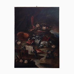Desconocido, Bodegón con peces y ostras, Óleo sobre lienzo original, siglo XVII