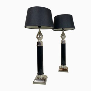 Large Regency Style Chrome and Black Table Lamps with Pine Cone Decoration, 1980s, Set of 2