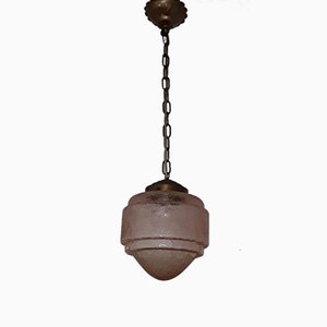 Art Deco Deckenlampe mit rosa gemustertem Glasschirm & Messing lackiertem Kunststoff, 1930er