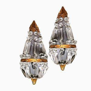 French Louis XVI Style Balloon Wall Sconces in Brass and Crystal, Set of 2