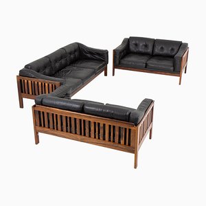 Scandinavian Rosewood and Black Leather Seating Group from Monte Carlo, 1965, Set of 3