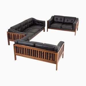 Set de Sièges Scandinaves en Palissandre et Cuir Noir de Monte Carlo, 1965, Set de 3