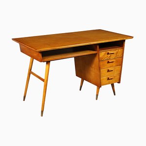 Writing Desk in Veneered Solid Fruitwood and Brass, Argentina, 1950s