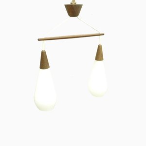 Glass & Teak Pendant in the Style of Luxus, 1960s
