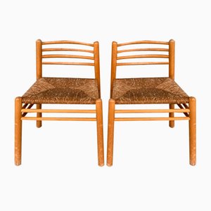 Niederländische Mid-Century Stühle aus Pinienholz & Binse, 2er Set