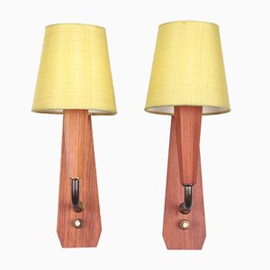 Dänische Teak Holz Wandlampen mit Original Lampenschirm, 1960er, 2er Set