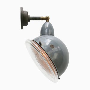 Vintage Industrial Gray Enamel & Clear Round Glass Wall Light