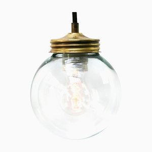 Lampada a sospensione vintage industriale in ottone e vetro trasparente