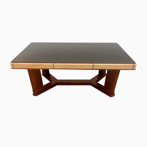 Mesa Art Déco de palisandro y pergamino con tablero de vidrio negro