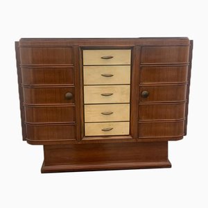 Art Deco Barschrank aus Palisander und Pergament mit Tischplatte aus schwarzem Glas