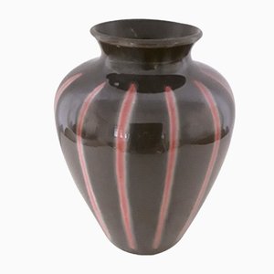 Vintage Model Number 1073 18 Glossy Glazed Ceramic Vase in Gray-Brown with Red Stripes, 1970s
