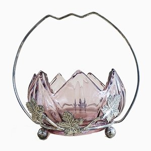 Art Nouveau Silver-Plated Sugar Bowl with Handle & Purple Glass Insert
