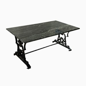 Black Lacquered Wrought Iron Coffee Table with Green Veined Marble Top