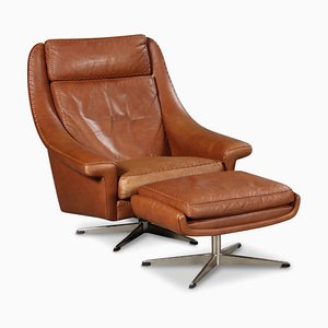 Vintage Danish Leather Swivel Lounge Chair & Footstool from Erhardsen & Andersen, Set of 2