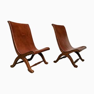 Spanish High-Back Leather Slipper Chairs by Pierre Lottier, 1950s, Set of 2