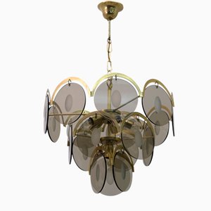 Mid-Century Modern Chandelier in Amber Glass and Brass from Vistosi, 1960s