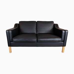 Black 2 Seater Leather Sofa with Oak Legs from Stouby Furniture