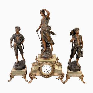 Horloge Antique en Onyx et Régule, France, Set de 3