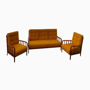 Living Room Set of Sofa and Armchairs in Wood and Fabric Attributed to Paolo Buffa, 1960s, Set of 3