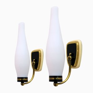 Mid-Century Modern Brass and Opal Glass Sconces in the Style of Stilnovo, Set of 2