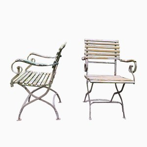 Antique Patinated Cast Iron Garden Chairs with Scroll Arms, Set of 2