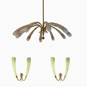 Chandelier and Wall Lights from Lumen Milano, 1950s, Set of 3