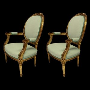 Vintage Louis XVI Armlehnstühle aus vergoldetem Holz, 2er Set