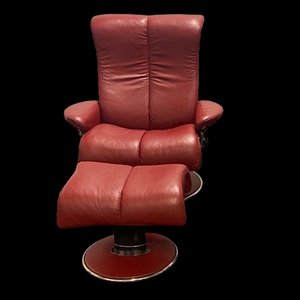Large Lounge Chair in Red Leather with Ekornes Stressless Blues Recliner, Set of 2