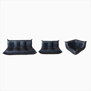 Canapé 2 & 3 Places Togo en Cuir Noir par Michel Ducaroy pour Ligne Roset, Set de 2