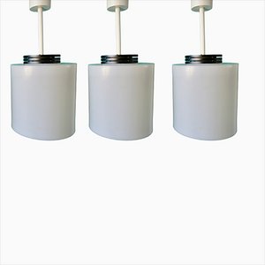 French Cylindrical Suspension Lamps in White Resin, 1970s, Set of 3