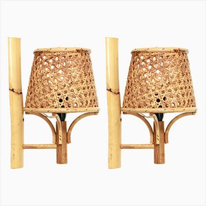 Vintage Ombrellini Bamboo and Viennese Straw Wall Lamps, Italy, 1970s, Set of 2