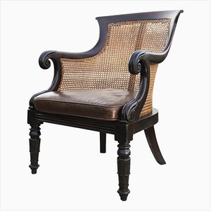 Butaca de biblioteca William IV de caña de madera maciza con brazos enroscados