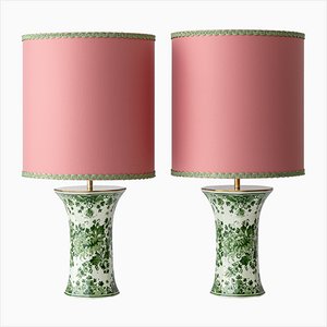 Zenith Delft Green Table Lamps from Amitabha Studio with new salmon color shades 1950s, Set of 2