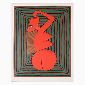 Ralf Artz, Red Woman, Lithograph, Green and Brown Background